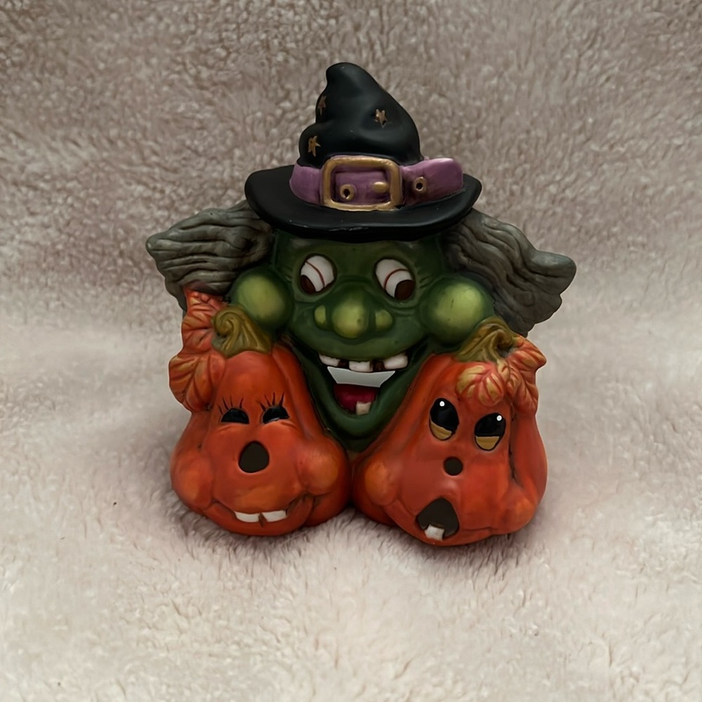 Vintage Halloween Happy Green Witch & 2 Bucktooth Pumpkins Candle Holder Ceramic
